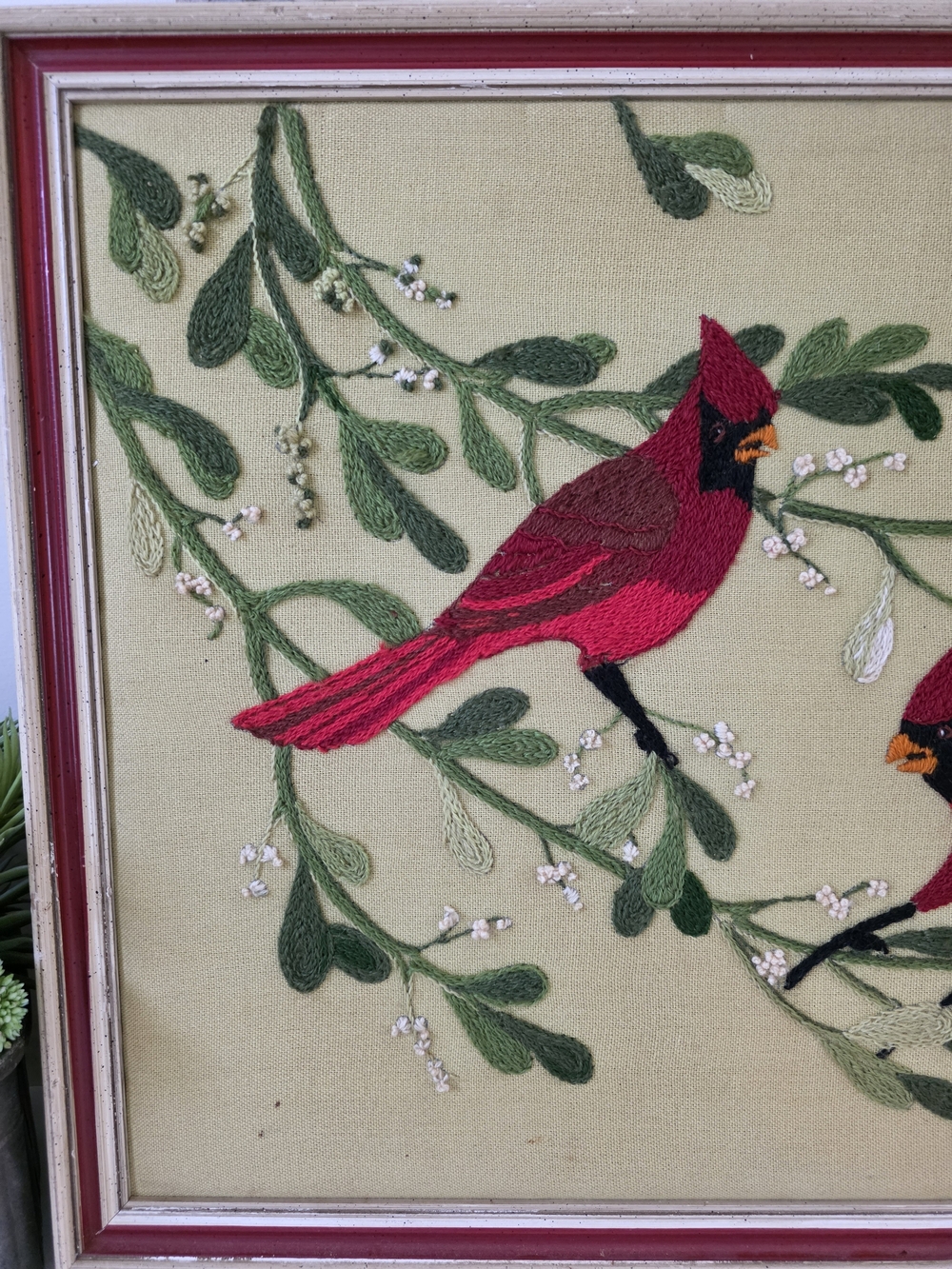 Vintage Mid Century Modern Crewel Embroidery Cardinals Mistletoe Framed Wall Art - Picture 10 of 16